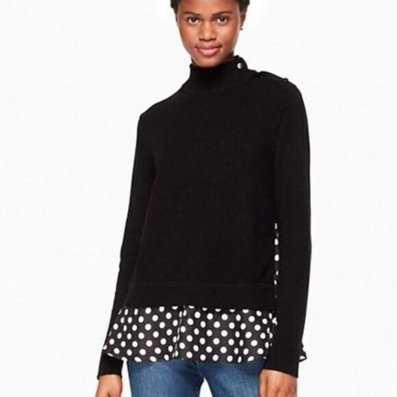 Kate Spade Size XS Polka Dot Turtleneck Swing Sweater Black  and White Wool Silk - Picture 1 of 9